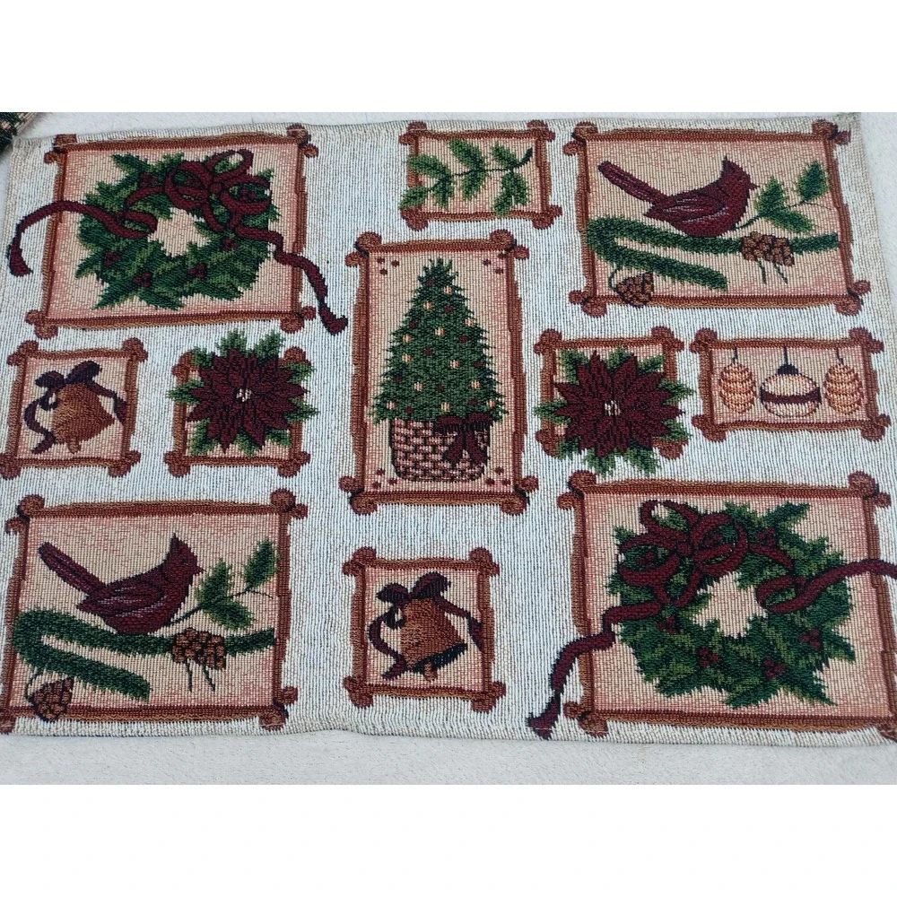 Christmas Tapestry Placemats Set of 4 Holiday Birds Wreaths Tree Bells Poinsetti